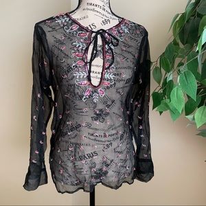 Cotton Express Sheer Silk Tunic Top Black Sz L